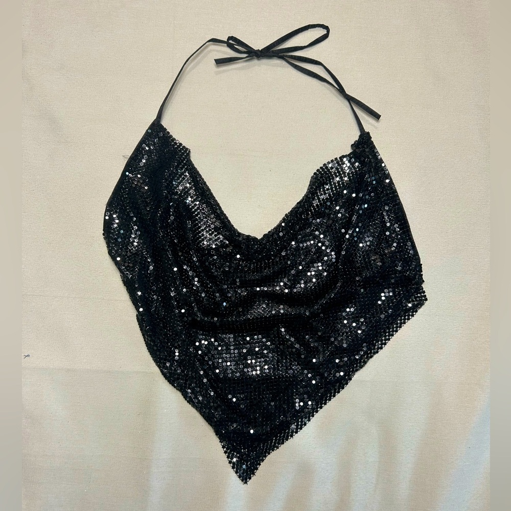 Black metal link cowl neck crop top